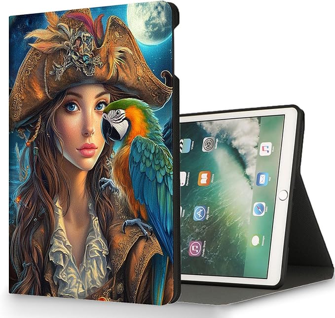 for Microsoft Surface Go 4/3/2/1-10.5" 2021 Tablet Case,Auto Wake/Sleep,Adjustable Stand Protective Cover - Pirate Girl with Parrot