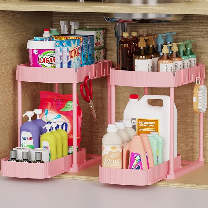 2 Packs Under Sink Pull-Out Storage Organizers, 12.8 Inches, Pink | Multi-Purpose Cabinet Organizers and Storage for Bathroom & Kitchen