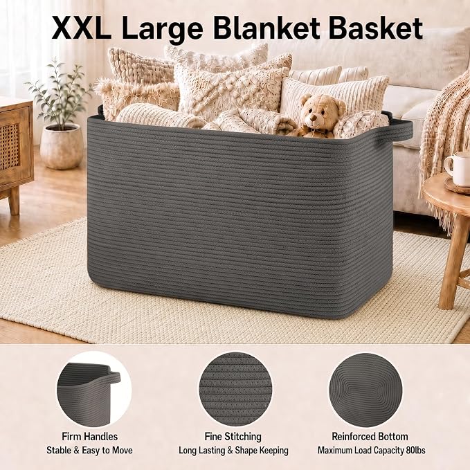 OIASKET 118L Extra Large Blanket Basket Living Room, 24.8"x17.7"x16.2" | Woven Rope Baskets for Storage, Nursery Blanket Storage for Living Room, Toy Basket with Handle Organizing Comforter Pillows