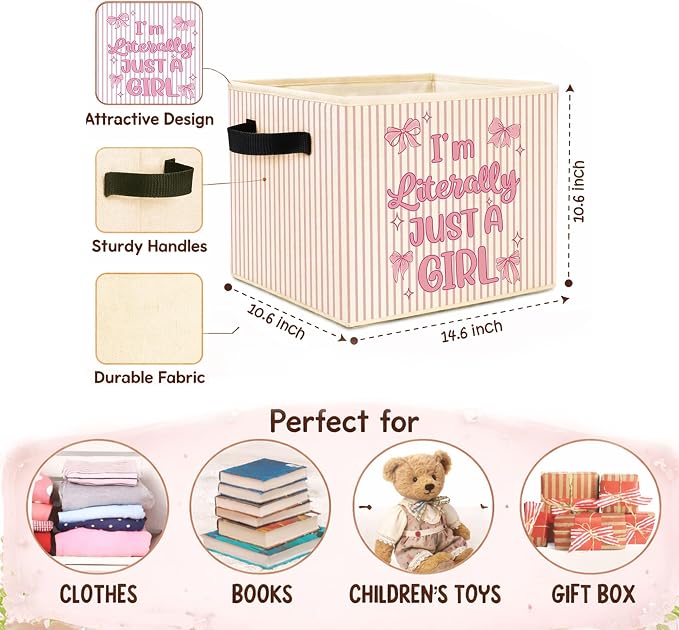 Just A Girl Storage Bin, Pink Bow Coquette Stripe Fabric Basket | Foldable collapsible fabric organizer for girls room, dorm room, nursery, bedroom, toys, books, clothes