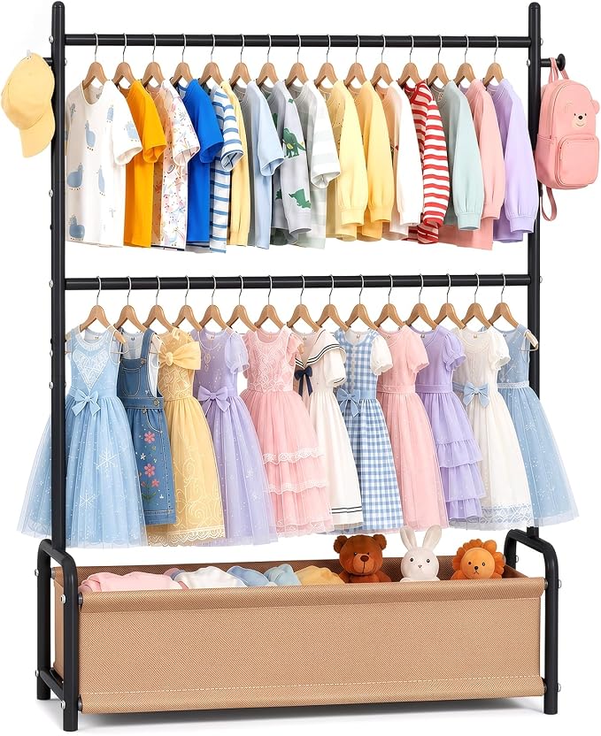 Kids Clothes Rack with Double Rod Height Adjustable Clothing Rack Black | Storage Basket & Hooks, Height Adjustable Kids Clothes Rack, Portable Baby Dress Up Garment Rack for Princess Dresses