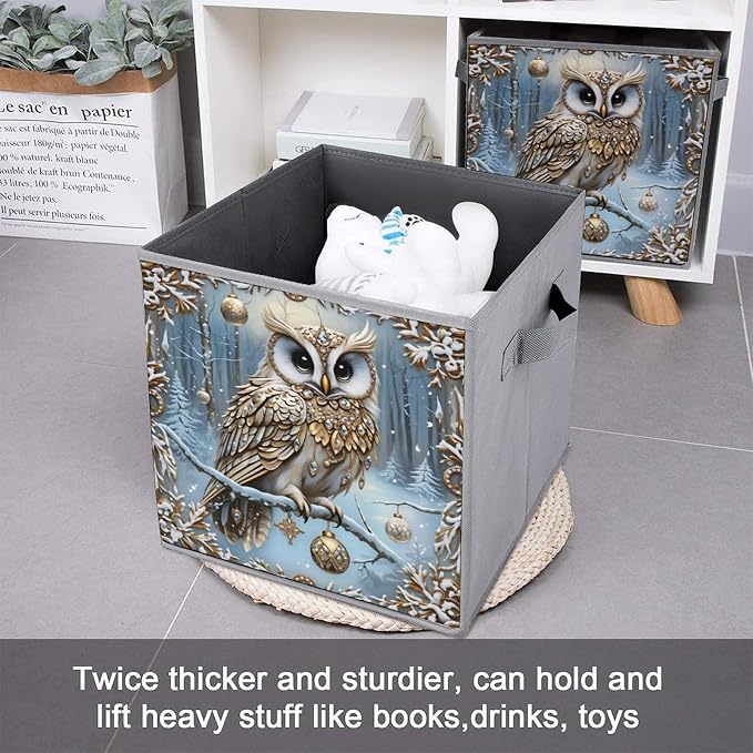 Christmas Owl Foldable Storage Bins, 10.6" Cube Storage Organizer, Sturdy Oxford Cloth Fabric Baskets for Closet, Shelf, Nursery, Bedroom, Decorative Printed Box for Toys & Clothes