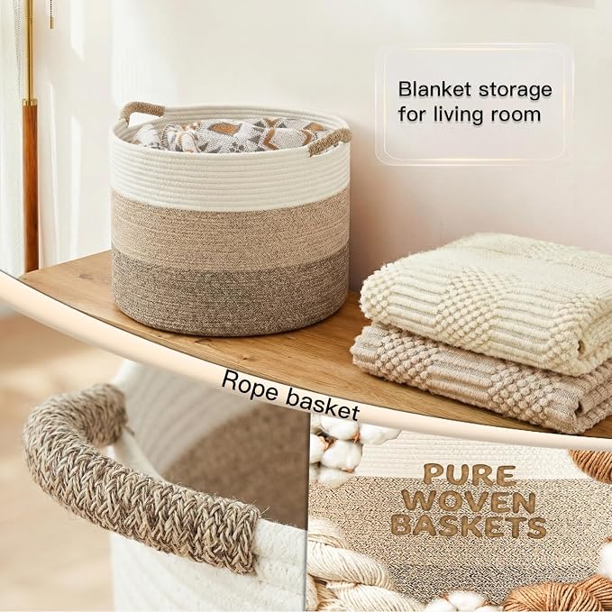 Artfeel 70L Large Cotton Rope Basket, Decorative Woven Blanket Storage for Living Room, Boho Toy Storage & Toy Box for Kids, Versatile Laundry Basket & Nursery Hamper for Blankets(BrownYellow)