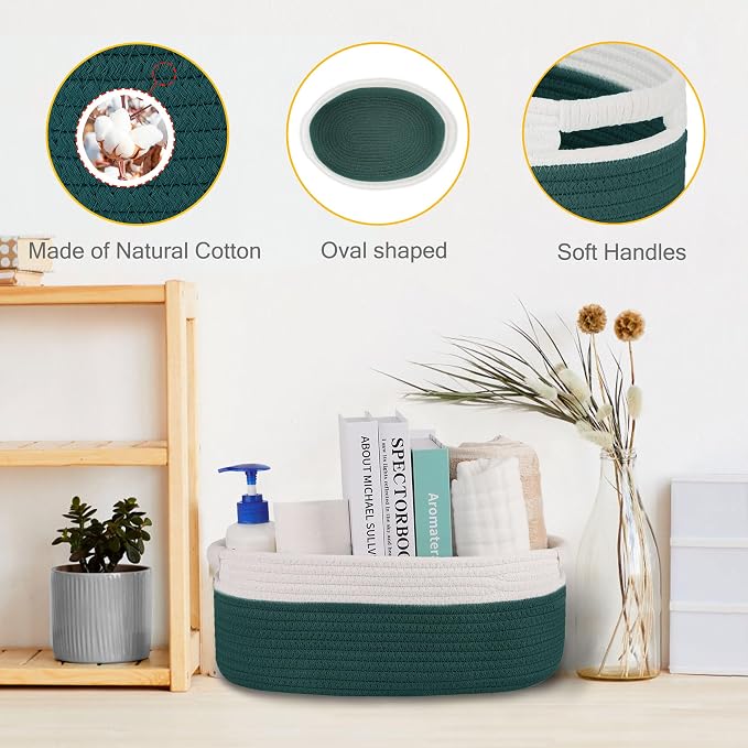 Small Woven Gift Basket with Bag & Ribbons, Dark Green | Cotton Rope, 13”x 9”x 5.5”, Fits for Kids, Women & Men, Bedroom, Living Room, Nursery & Bathroom Storage, Cat & Dog Toy Boxes