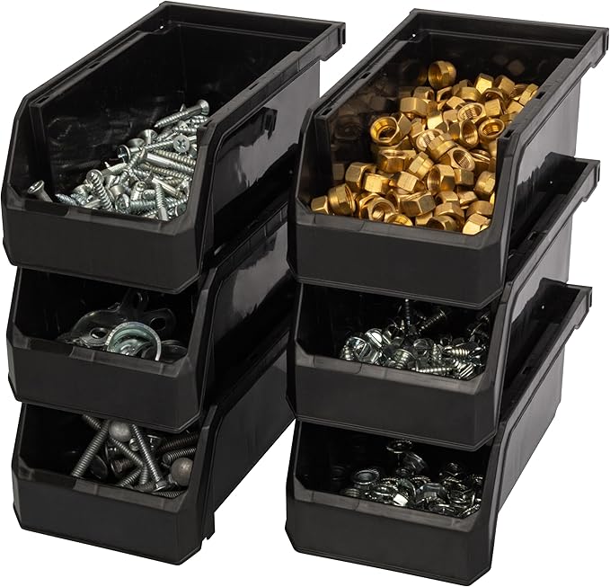 Small Stackable Plastic Storage Bins, 12-Pack, Black | Open-Front Stackable Bins For Garage, Pantry, Closet & Office, 7"L X 4"W X 3"H, Nests When Empty, Durable Plastic