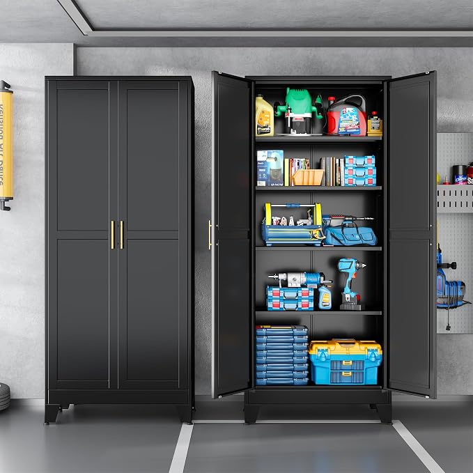 Black Pantry Storage Cabinet, 71" Metal Kitchen Pantry Storage | Steel Storage Cabinets with Doors and 4 Adjustable Shelves, Metal Storage Cabinet, for Office, Home, Garage, School