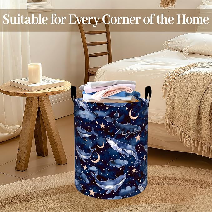 Dreamy Whale Laundry Basket, Moon Star Night Sky Foldable Oxford Cloth, Waterproof Dirty Clothes Hamper with Handles, Clothing Storage Bin Toy Organizer for Bedroom Dorm Bathroom, 19.7"x15.7"