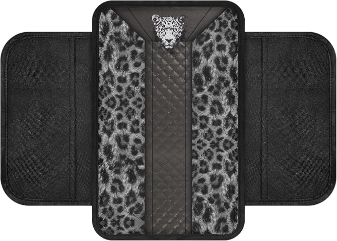Howilath Car Armrest Cushion Cover Universal Fit for Most Vehicles | Grey Leopard Center Console Cushion Pad with 2 Storage Pockets, Machine Washable, Easy to Install