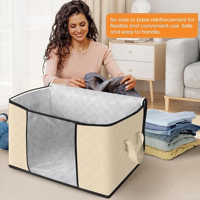 90L Clothes Storage, Foldable Thick Fabric Blanket Storage Bags | Foldable Containers with Zippers,Window and Handles for Organizing Bedroom, Closet, Comforter, Bedding,Dorm essentials
