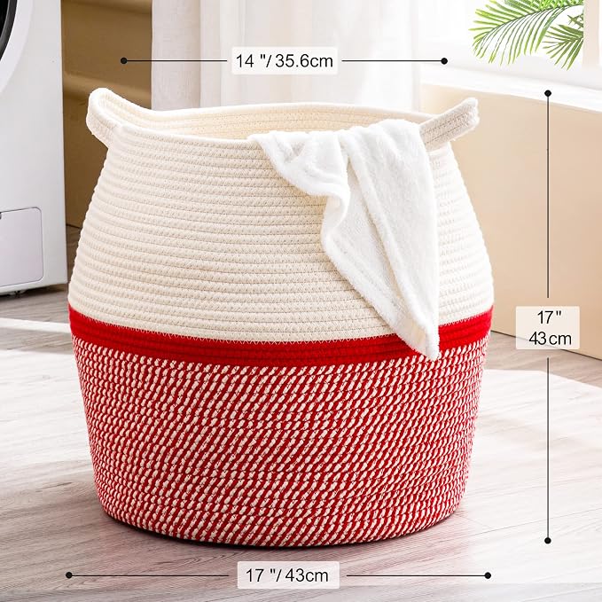 KAKAMAY Woven Baskets for Storage(17"x17"),Large Cotton Rope Woven Baby Laundry Hamper,Collapsible Laundry Basket, Blanket Basket for Organizing Living Room,Nursery,Pillows,Toy Chest(Red)