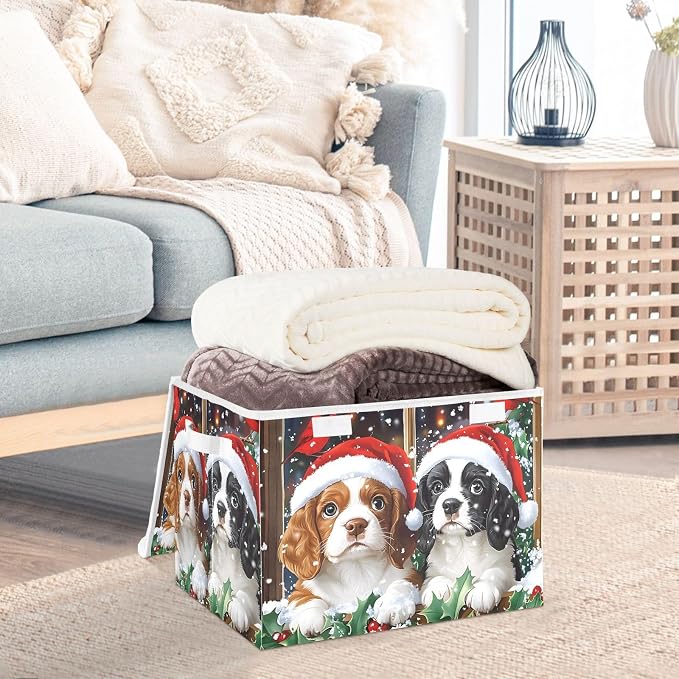 Fabric Storage Bins with Lid Christmas Dog Closet Storage Basket 40L | Decorative Storage Boxes, Foldable & Stackable, Dust-Proof Flip Top, Reinforced Handles, For Home & Dorm, Clothes & Toy Box