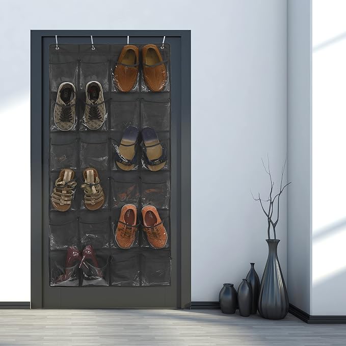 Simple Houseware 24 Pockets Large Clear Over Door Shoe Organizer, Dark Gray | 56" x 22.5", 4 Durable Metal Hooks, 5" x 9" Pocket Size, Multipurpose