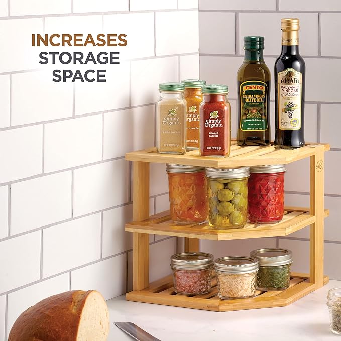 Bambüsi Kitchen Cabinet Organizer, Corner Plate Organizer for Cabinet | 3-Tier Bamboo Corner Shelf Rack, Holds Plates Bowls Mugs Cups, Space Saving Dish Storage Organization, Easy Assembly