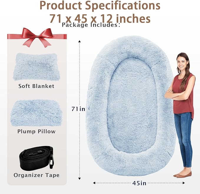 ROOMTEC Human Dog Bed, 71''x45''x12'' Size Fits Adult and Pet Washable Giant People Bed 10 CM Thick Memory Foam Large Oversize Pet Bed with Plump Pillow, Blanket, Strap - Blue