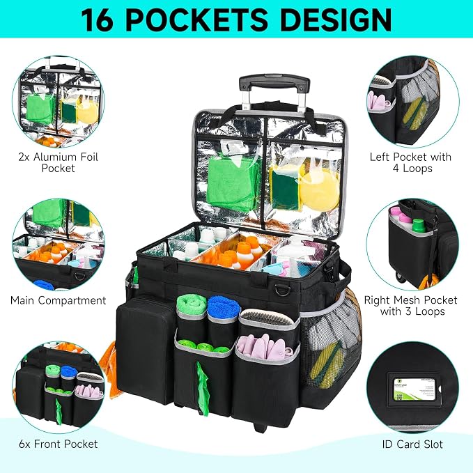 Cleaning Cadddy Bag with Rolling Cart, Lareg Cleaning Bag with Wheels | Cleaning Supplies Organizer with Detachable Trolley for Housekeepers, Housekeeping Cleaning Cart with Shoulder Strap & Handle