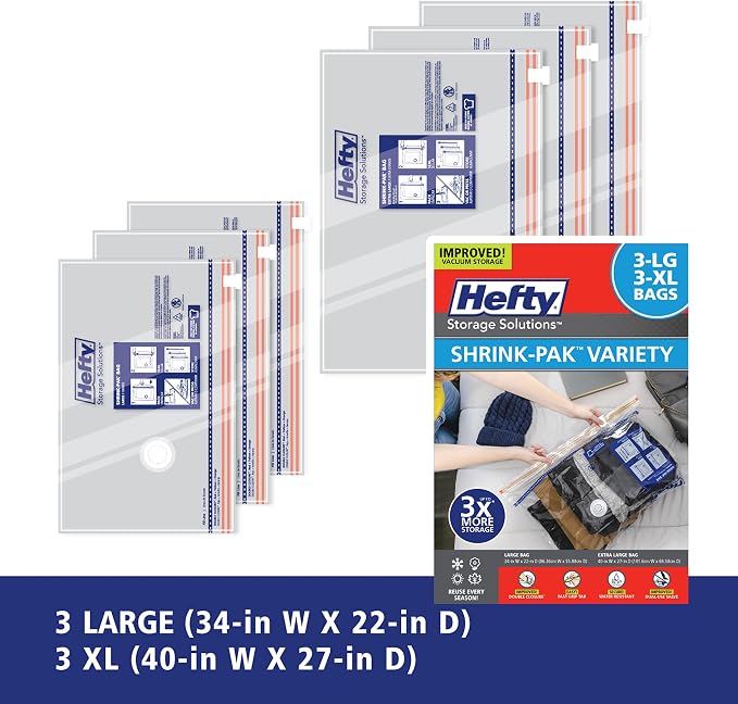 Hefty Shrink-Pak Vacuum Storage Bags - Space Saver for Under Bed Storage, Clothing and Comforters, Odor Resistant, 3X More Storage Space - 3 Large, 3 XL Bags (Pack of 18)