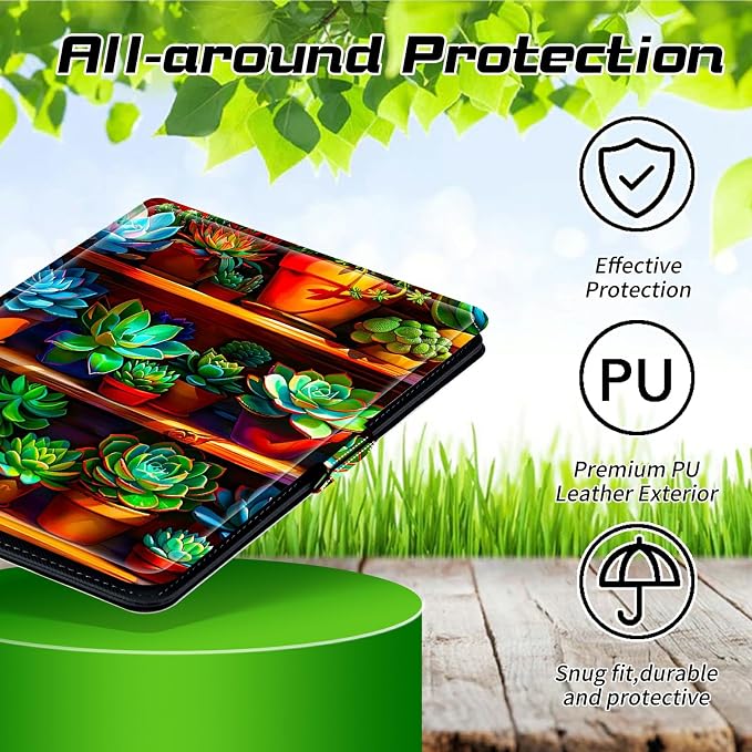Universal Tablet Case for T-Mobile Revvl Tab 2 10.1" 2025/Revvl Tab 5G 10.36" 2023, 360 Degree Rotating Kickstand Protective Stand PU Leather Shell Cover for 9"-10.5", Plant Succulent
