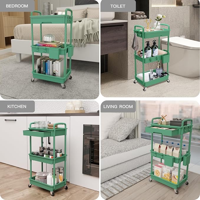 REBECAT 3 Tier Rolling Utility Cart with Drawer,Rolling Storage Cart,Storage Cart for Kitchen,Bathroom,Living Room, Organizer with Iron Wheels(Green)