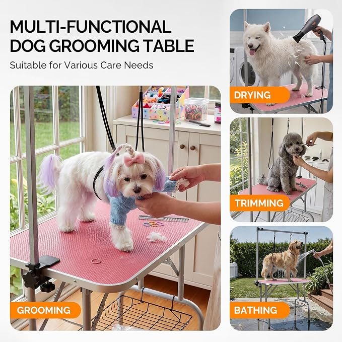 VINGLI Dog Grooming Table, Adjustable Cat Grooming Desktop with Arms and Storage Basket, Pet Grooming Stand at Home (Pink, 36 inch)