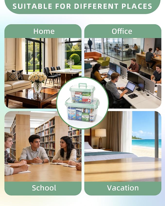 2 Pack Clear Medicine Storage Box with Removable Tray, Large & Small Size Thickened Empty First Aid Box with Carry Handle, Multipurpose Portable Medication Organizer for Home Travel Car Camping