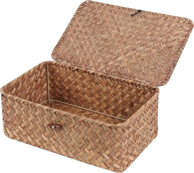 FEIALNDUO Wicker Shelf Baskets with Lid,Seagrass Storage Basket Bins Rectangular Handwoven Basket Boxes for Shelves Desktop Home Organizer (Coffee, Small)