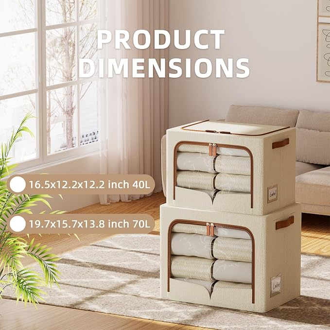FHSQX 6 Pack Clothes Storage Bins, Beige, 40L,16.5x12.2x12.2 inch | Foldable, Fabric Storage Box, Metal Frame,