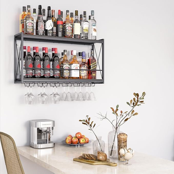Dokser Wine Rack Wall Mounted Shelf - 2 Tier Wine Bottle Holder for Kitchen | Black 2 Tier Wall Wine Rack with Rustic Wood & Industrial Iron Frame Wine Bottle Holder for Dining Room, Home Bar Decor 31.5"
