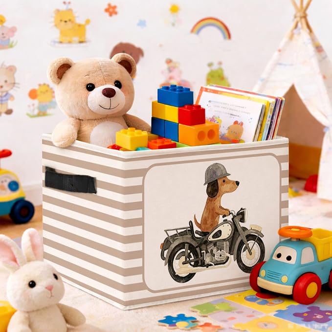 Motorcycle Dog Storage Bin, Beige Stripe Foldable Fabric Basket | Cute dog rider collapsible fabric organizer for nursery, bedroom, playroom, toys, books, and clothes