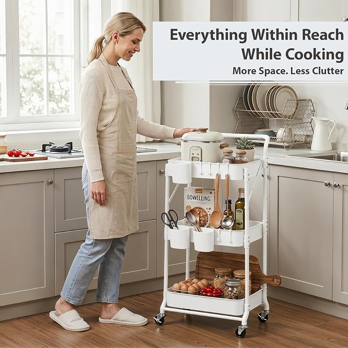 Amatic 3-Tier Folding Rolling Utility Cart with Wheels, Foldable Storage Cart Organizer with 3 Hanging Cups & 6 Hooks for Kitchen, Office, Living Room, Nursery(White)