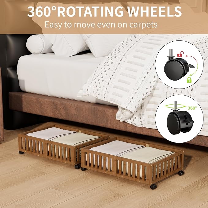 Under Bed Storage with Wheels, 2 Pcs Bamboo Drawers for Clothes and Toy | 360° wheels glide smoothly. Sturdy bamboo frames hold clothes, shoes, bedding and toys. Easy pullout access keeps rooms tidy