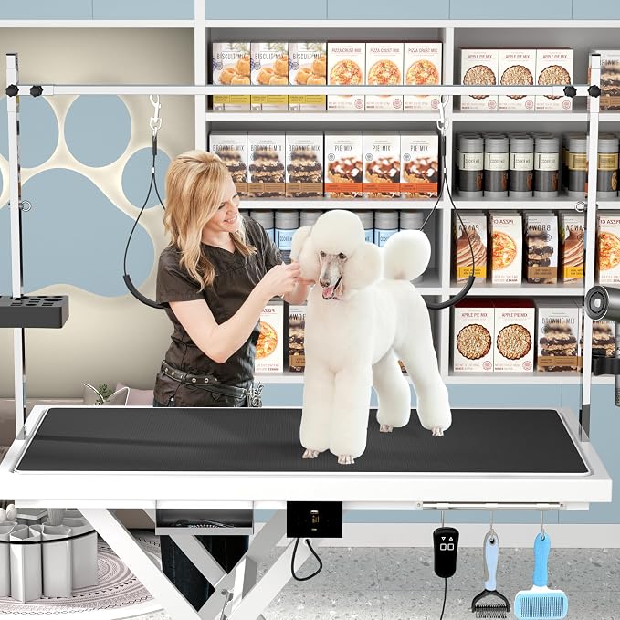 Electric Lift Pet Dog Grooming Table, Upgrade 50 Inch Heavy Duty 9'' -36'' Adjustable Height Professional Pet Grooming Table with Tool Organizer, Adjustable Overhead Arm for Large Dogs at Home, White