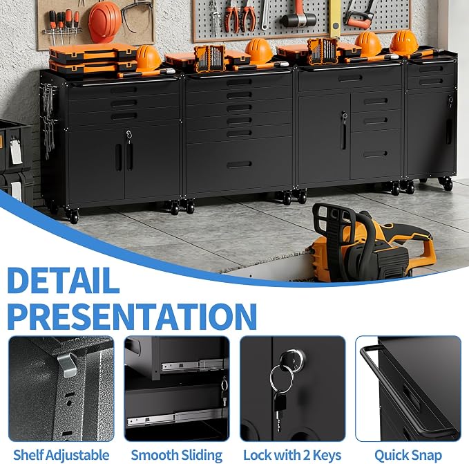 Metal Storage Cabinet for Garage, Tool Cabinet, Utility Cabinet | Wheeled, Rolling Tool Cabinet, 4 Drawers, 1 Doors Lockable, Top Countertop, Pegboard, Assembly Required, Black