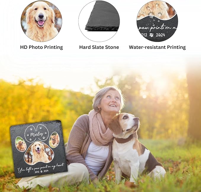Wrappiness Pet Memorial Stone - You Left A Paw Print On My Heart, Personalized Dog Memorial Gifts, Remembrance Condolence Bereavement Gifts for Loss of Pet Custom Photo (Square 03, Stone with Stand)