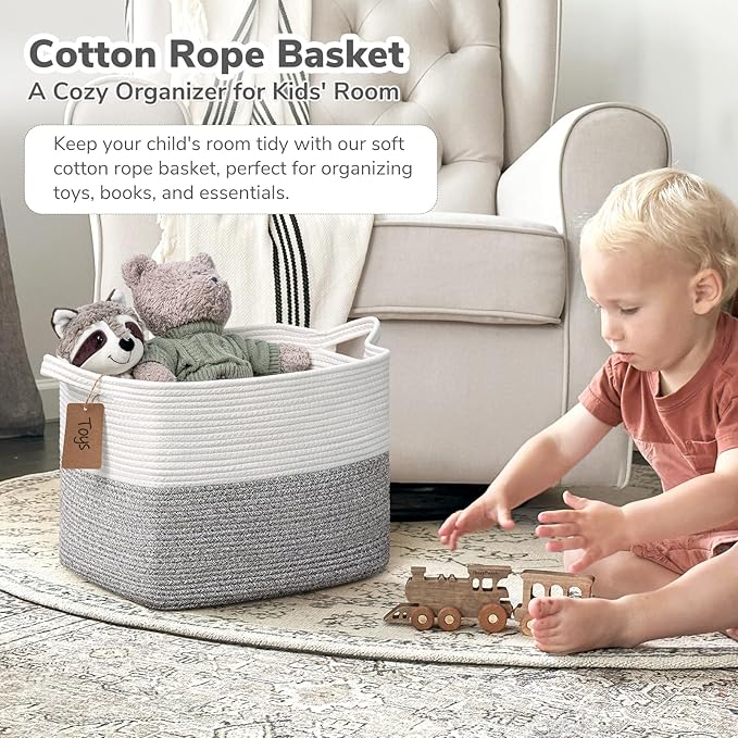 Goodpick 50L Large Woven Rope Storage Basket with Handles, Light Gray | 18" × 14" × 12" Stylish Gift Basket for Living Room & Nursery Organization, Fits Blankets, Toys & Home Essentials Storage