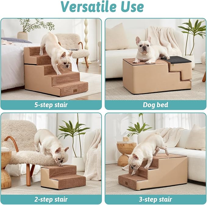 COZY KISS Dog Stairs for Small Dogs, 5 Step Pet Stairs for Beds & Couches | 23.6" Extra Wide Non-Slip Dog Steps with Removable Tiers & Support Board for Puppies, Older Cats & Dogs, Light Brown