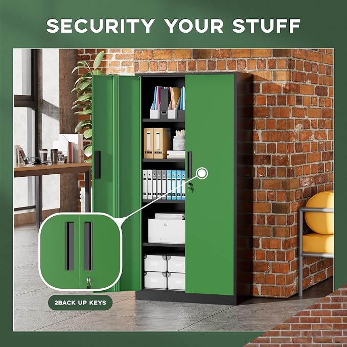 Greenvelly Metal Storage Cabinet, 72" Locking Metal Garage Storage Cabinet with Doors and 4 Adjustable Shelves, Lockable Steel Cabinet for Home Office, Garage, Shop, School (Green 32" W x 16" D)
