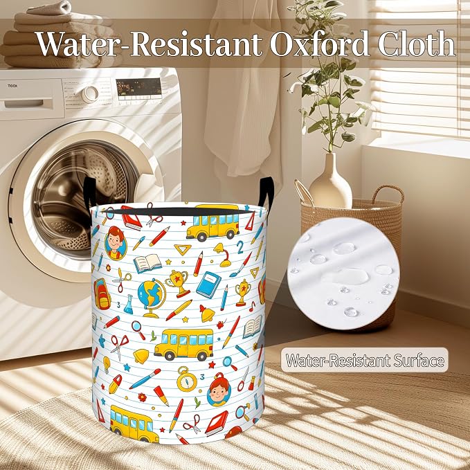 Study Supply Laundry Basket, Cute Cartoon Foldable Oxford Cloth, Waterproof Dirty Clothes Hamper with Handles, Clothing Storage Bin Toy Organizer for Bedroom Dorm Bathroom, 19.7"x15.7"