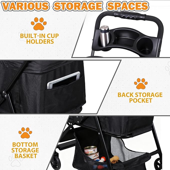 4 Wheels Dog Stroller with Detachable Carrier Folding Pet Strolling Cart for Small Medium Cats Puppies with Storage Basket Cup Holder, Black