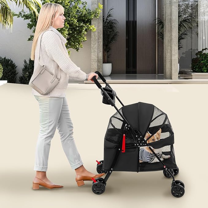 Pet Stroller for Small Medium Dogs Cats 40 lbs, Foldable Dog Stroller with Storage Basket and Cup Holder, Portable Pet Travel Cart with Breathable Mesh Canopy (Black)
