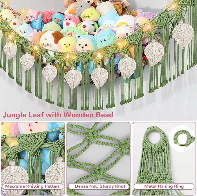 82.7x59x59 Inch Jumbo Stuffed Animal Storage Hammock Corner Toy Net, Green | Macrame Cream Leaf Stuffed Animal Net Organizer for Stuffy Plushie, Boho Handcrafted Plushies Storage Holder w/Star Lights