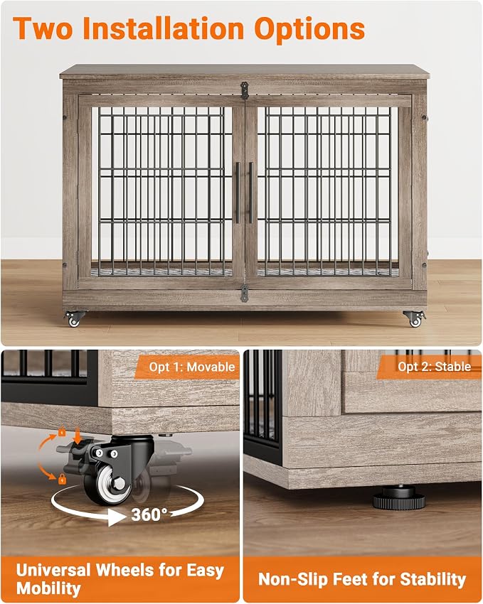 YaFiti Dog Crate Furniture, 44" Wooden Indoor Dog Kennel, Grey | Cushion, Wheels, Double Doors, for Large Dogs, Up to 85 lb, Furniture Style, Side End Table, Decorative Pet Cage House