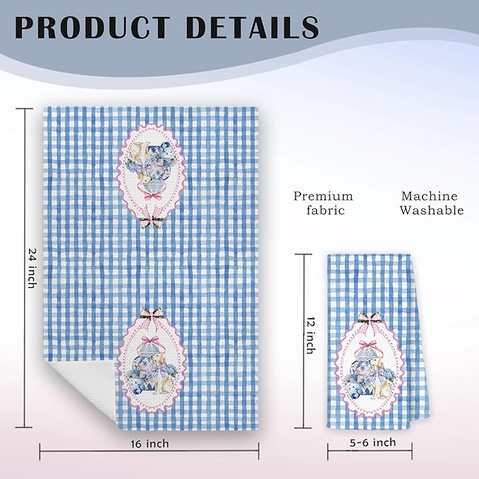 Pink and Blue Chinoiserie Golden Retriever Kitchen Towels, Golden Retriever Lover Gifts Dish Tea Towels for Kitchen, Coquette Pink Bow Hydrangea Dog Hand Towel for Bathroom Decor, 16x24 Inch