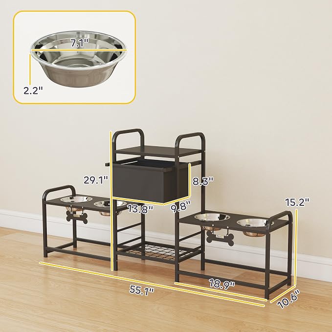 PawHut Dog Bowl Stand, 2 Feeding Stations, 3 Adjustable Heights, Black | Elevated Dog Bowls, Toy Bin Basket, Lifted Food and Water Bowl, Pet Storage Organizer, for Small, Medium, Large Pets
