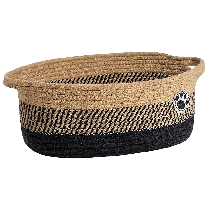 Woven Rope Dog Toy Basket with Paw Print, Black Brown | 12"x 8" x 5" Small Dog Toy Bin & Box with Handles, Fits Living Room Bedroom Nursery Organization, Gift Basket Empty for Pets