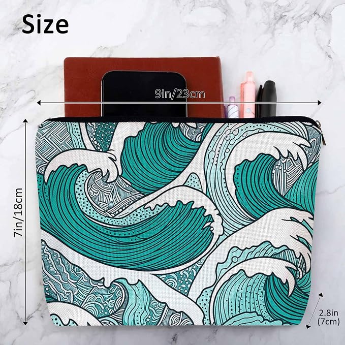 Women Makeup Organizer Bag Ocean Waves, Japanese Great Wave Ocean Sea Waves Flax Cosmetic Bag Makeup Bags Toiletry Bag Accessories Organizer Travel Bags For Home Bathroom Office Hotel Gym