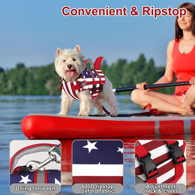 Dogcheer Dog Shark Life Jacket, Dog Harness Life Vest - US Flag,XS | High Buoyancy American Flag Puppy Swim Vest for Swimming Boating, Reflective Dog Float Vest DFD for Small Medium Large Dogs