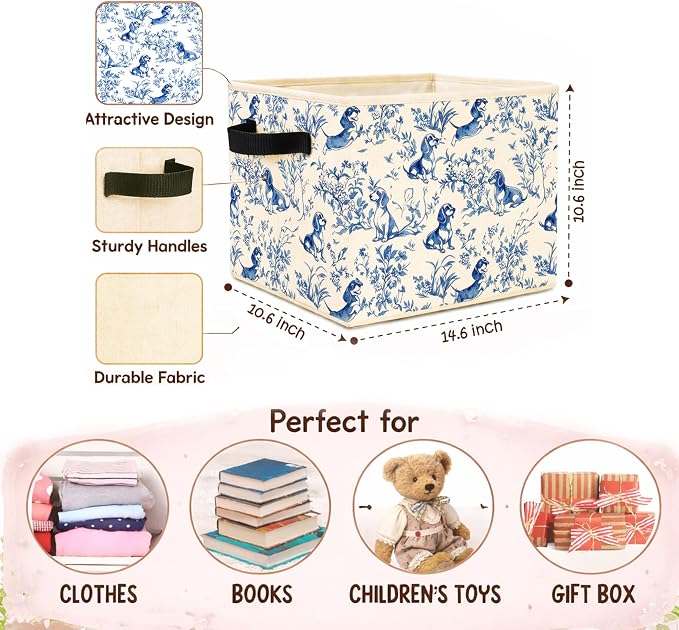 Blue Dachshund Storage Bin, Chinoiserie Toile Dog Fabric Basket Organizer | Foldable collapsible fabric organizer for nursery, bedroom, playroom, toys, books, clothes