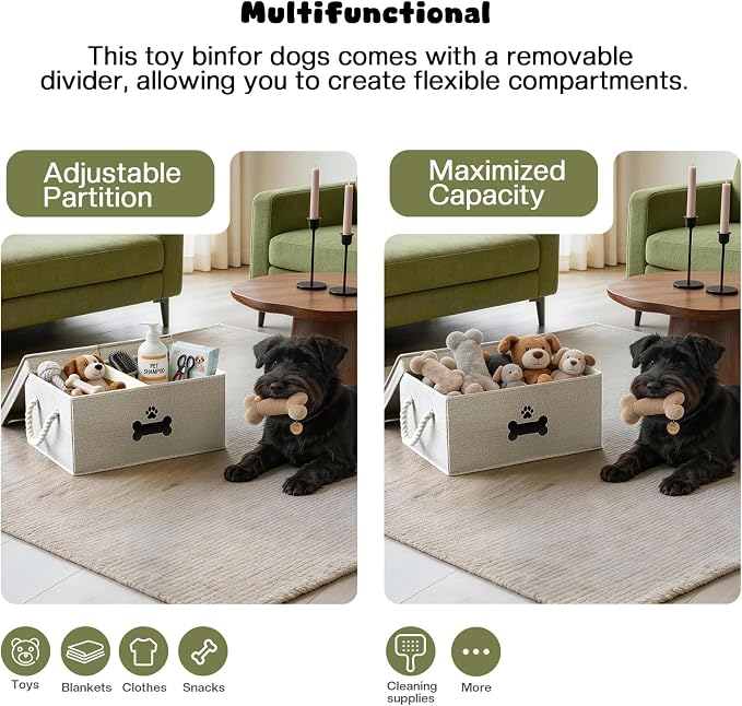 Dog Toy Basket with Double-Open Lid, Divided Dogs Basket for Toys, Collapsible Pet Toy Box, Dog Storage Organizer with 2 Divided Area, Puppy Toys Baskets with Rope Handles, Gray