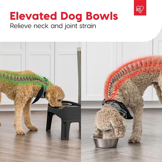 IRIS USA Elevated Dog Bowls, Dual Height 4.63" or 12.25" Made in USA, Black | Includes 2 Stainless Steel Bowls (64oz), Spill Guard, Height Adjustable, Non-Slip Feeder, Helps Reduce Neck Strain