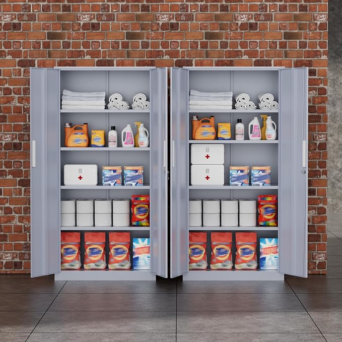 Greenvelly Metal Storage Cabinet,72" Locking Metal Garage Storage Cabinet with Doors and 4 Adjustable Shelves, Lockable Steel Cabinet for Home Office, Garage, Shop, School (Dark Grey 32" W x 16" D)